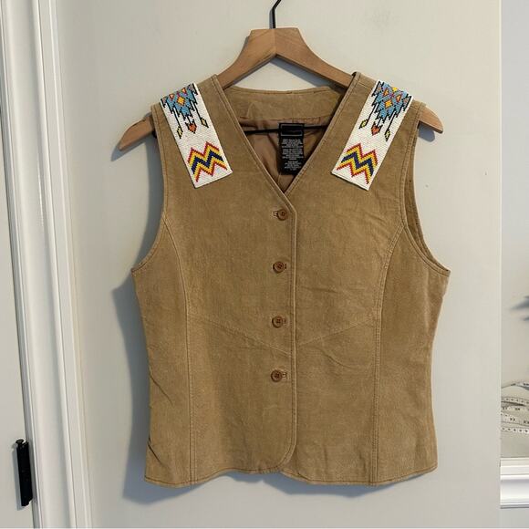 Vintage Outbrook Tan Leather Beaded Button Down Top Vest Medium - Picture 7 of 11